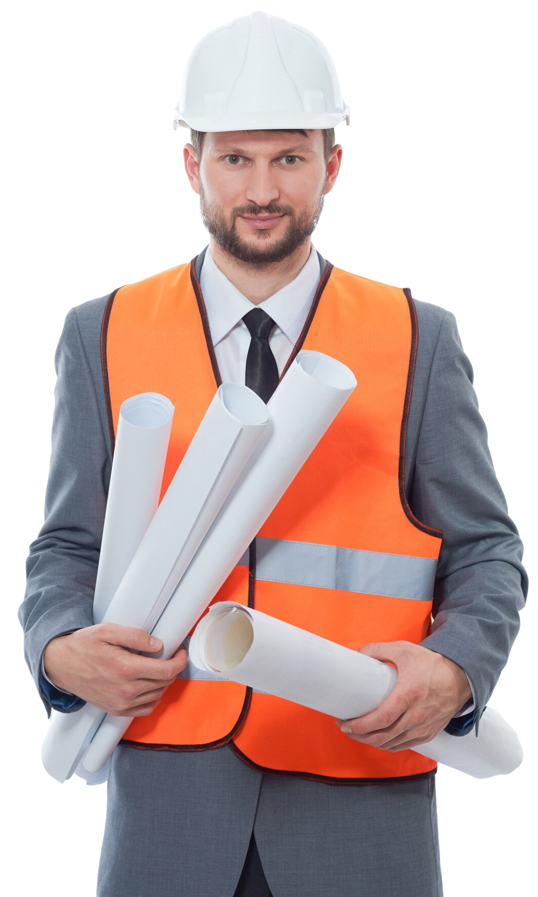 front-view-architect-wearing-white-safety-hat-orange-vest-holding-many-paper-drawing-plans